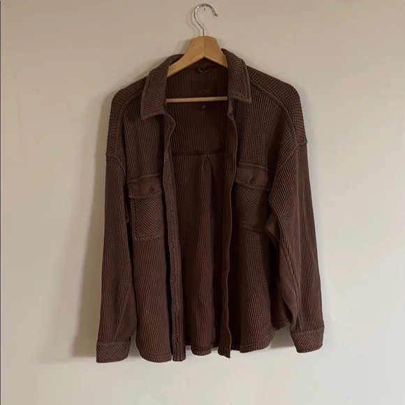 Aerie Anytime Fave Brown Waffle Knit Button-Up Shirt - Picture 4 of 6